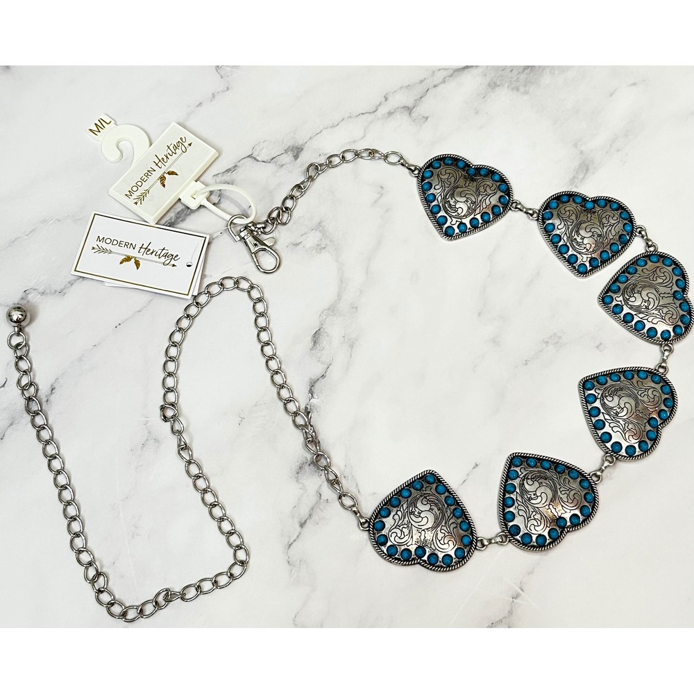 Modern Heritage Silver Heart Concho Belt Turquoise Western‎ Boho M/L